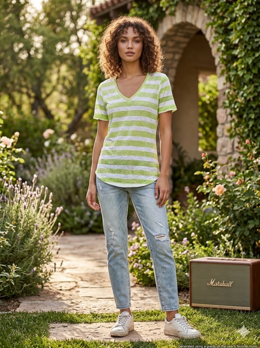 David Cline Lime & White Striped V-Neck Short Sleeve Tee